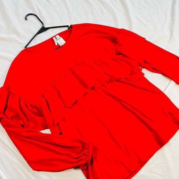 Women's Elle Ruffle Statement Long Sleeve Top Boho Stretch Red Size Large - Picture 3 of 9